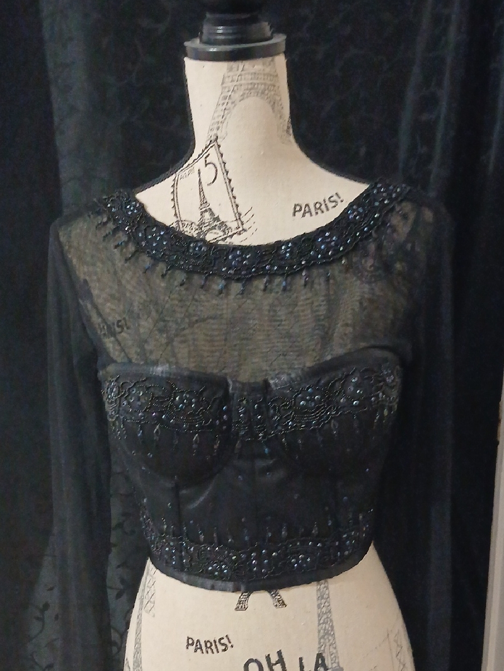 Sheer Black Beaded Long-Sleeve Crop Top